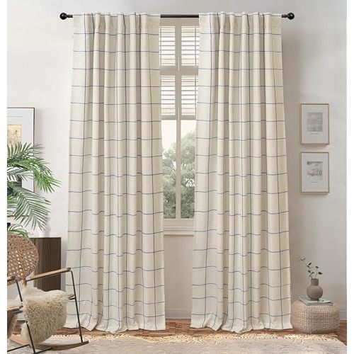 DriftAway 100% Blackout Windowpane Plaid Linen Curtains Double Layer Farmhouse Drapes 96 Inches Long for Living Room Bedroom Yarn Dyed Woven Thermal Insulated Rod Pocket Back Tab 2 Panels Navy Blue