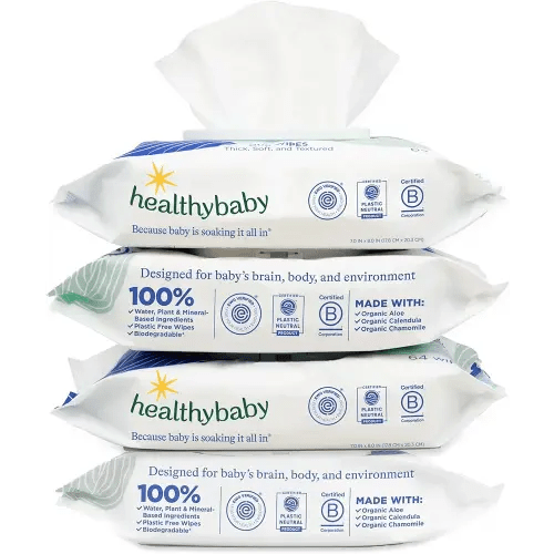 HealthyBaby Our Wet Wipes | EWG Verified Safe | 100% Water & Plant Based | Unscented & Safe for Sensitive Skin | Fragrance Free and Totally Chlorine Free (4 packs, 256 wipes)