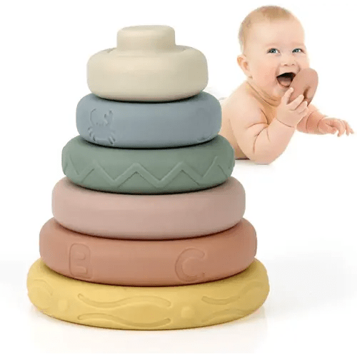 Mini Tudou 6 Pcs Stacking & Nesting Circle Toy,Soft Building Rings Stacker & Teethers,Squeeze Play with Early Educational Learning Stacking Tower, Best Gift for 6+ Months Boys&Girls