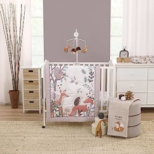NoJo Little Love Woodland Meadow Taupe, Sage and White, Fox, Deer, and Hedgehog 3 Piece Nursery Mini Crib Bedding Set - Mini Comforter, and Two Fitted Mini Crib Sheets