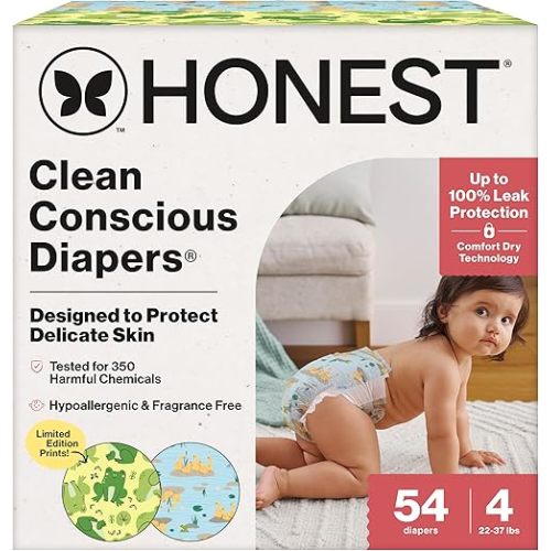 The Honest Company Clean Conscious Diapers®, Up to 100% Leak Protection, Designed to Protect Delicate Skin, Hypoallergenic + Fragrance-Free, UR Ribbiting + Waddle It Be, Club Box, Size 5, 44 Count