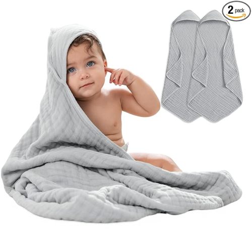 Comfy Cubs Hooded Baby Towel 2-Pack, Large 32 x 32 Inch - 6 Layer 100% Muslin Cotton for Babies, Toddlers and Kids - Soft & Absorbent Baby Bath Towels - Unisex Design for Bath Time - Heather Blue