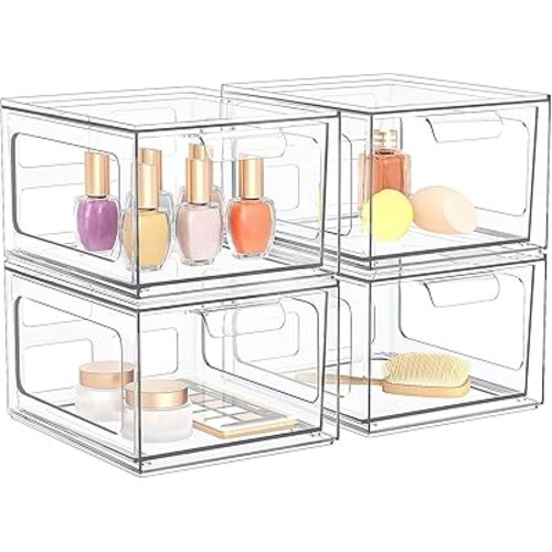 4 Pack Stackable Plastic Makeup Organizer Drawers, Acrylic Organizers, Clear Storage Bins with Pull-Out Handles for Vanity, Kitchen Cabinets, Pantry