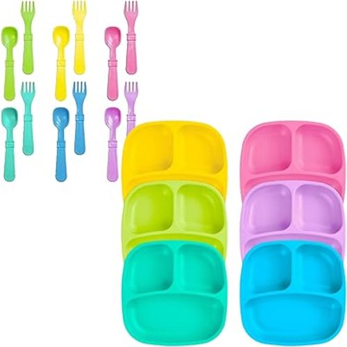 Re-Play Dinnerware Set for Toddlers – Kids Dining Set of 6 Divided Compartment Plates and 12 Toddler Utensils (6 Forks & 6 Spoons) – Dishwasher/Microwave Safe – Made in USA – Sorbet