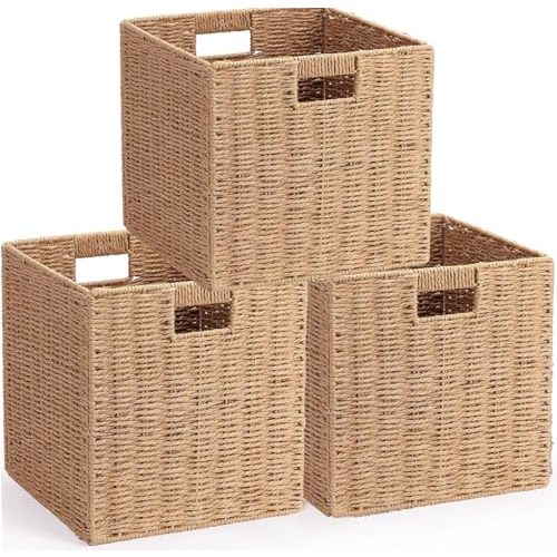 3Pcs Woven Shelf Baskets, 10.5'' Paper Rope Handmade Open Storage Bins, Light Brown Pantry Baskets Organization Basket Foldable Storage Bins for Bedroom, Cubby Cubes Wicker Basket with Handles