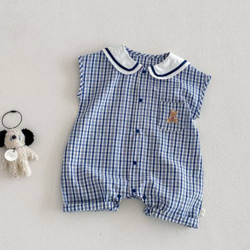 Baby Bear Blue Plaid Snaps Sleeveless Romper
