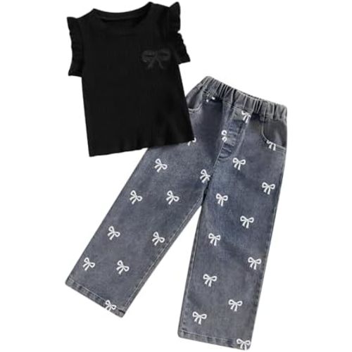 MA&BABY Toddler Girl Outfit Ribbed Kids Girl Denim 2-piece Outfits, 2T 3T 4T 5T 6T