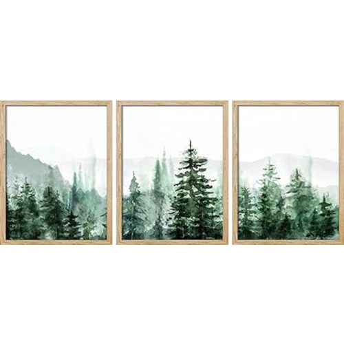 SIGNWIN Framed Mountain Forest Wall Art, Set of 3 Watercolor Pine Tree Wall Decor Prints, Nature Wilderness Wall Décor for Living Room, Bedroom - 12"x16" Natural