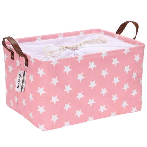 Sea Team Stylish Star Pattern Canvas Fabric Storage Basket Collapsible Geometric Design Storage Bin with Drawstring Cover and PU Leather Handles, 16.5 x 11.8 x 9.1 inches, Pink