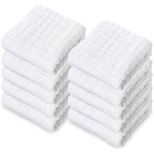 10 Pack Soft Muslin Unisex Baby Washcloths for Daily Use, 100% Cotton Set for Delicate Skin. Soft and Super Absorbent, Newborn Baby Essentials and Baby Registry,12x12 Inches (White)