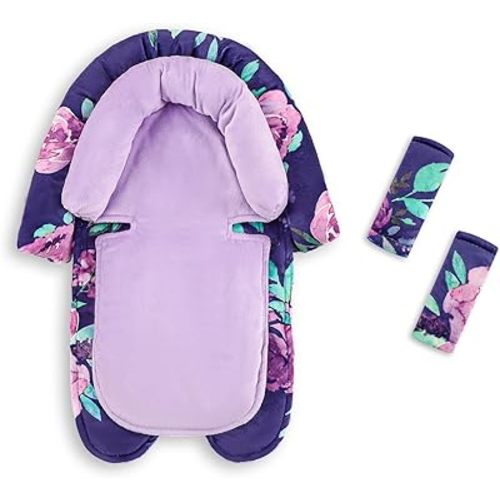 Baby Car Seat Head Support with Extra Headrest, 2-in-1 Babybody Supports with Shoulder Pads Set for Newborn, Adjustable Infant Car Seat Insert Compatible with Stroller, Baby Swing (Purple Flower)