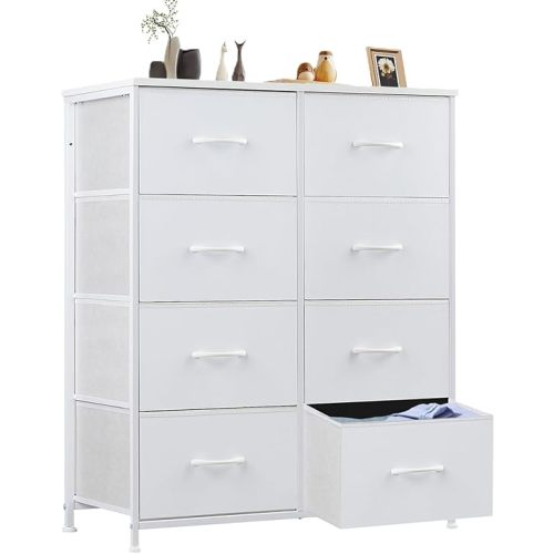 Sweetcrispy Dresser for Bedroom, Chest Organizer Unit with 8 Fabric Bins, Fabric Storage Tower, Drawer Organizer with Steel Frame, Wooden Top for Nursery, Living Room, Closet