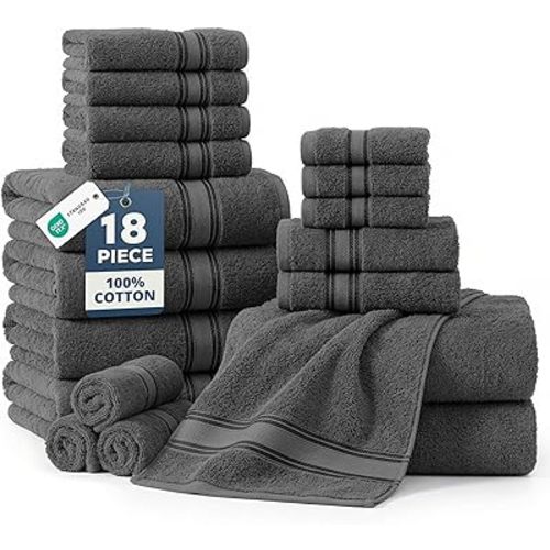 LANE LINEN 18-Pack Premium Towels for Bathroom – 100% Cotton Towel Set, Zero Twist, 6 Bath, 6 Hand & 6 Washcloths,Gentle on Body, Highly Absorbent, Remains Soft After Wash, Hotel & Spa Quality – Grey
