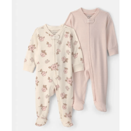 Baby Girl 2-Pack Floral Striped 100% Cotton 2-Way Zip Sleep & Play Pajamas - Pink | Carter's