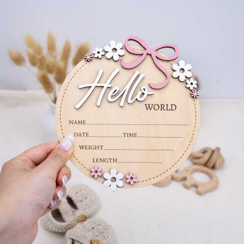 Baby Announcement Sign Pink Bow, Floral Baby Name Sign, Wooden Hello World Sign, Floral Birth Stats Sign,Floral Birth Announcement,Baby Sign