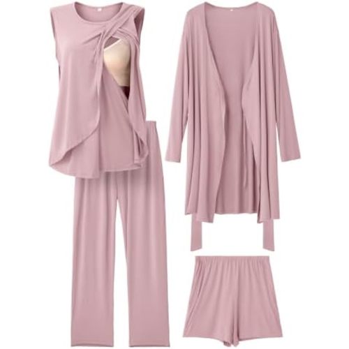 Rnxrbb 4 PCS All-Season Nursing Pajamas Robe Set Maternity Postpartum Pjs
