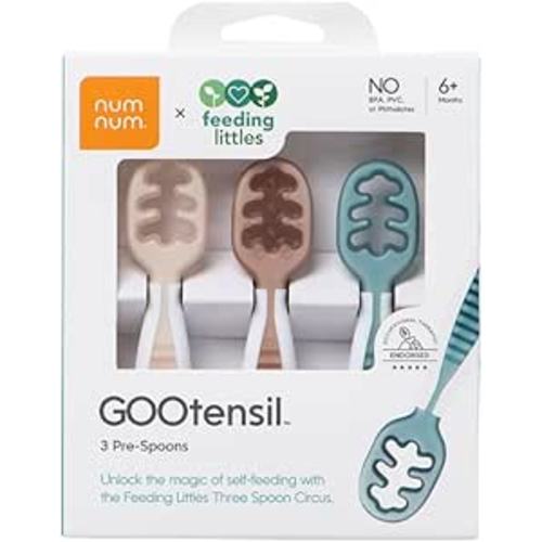NumNum Baby Spoons Set, Feeding Littles x Silicone Pre-Spoon GOOtensils for Baby Led Weaning, Self-Feeding & Teething, First Stage Toddler Utensils for Ages 6+ Months, 3-Pack, BPA-Free (Neutrals)