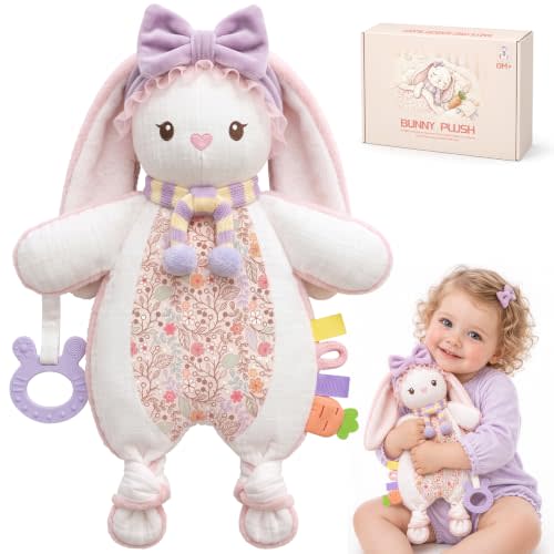 Bunny Baby Lovey with Silicone Teether, Crinkle Security Blanket with Rattle & Textured Ribbons, Soft Minky & Cotton Plush Snuggle Toy, Newborn Girl Baby Shower Birthday Gift