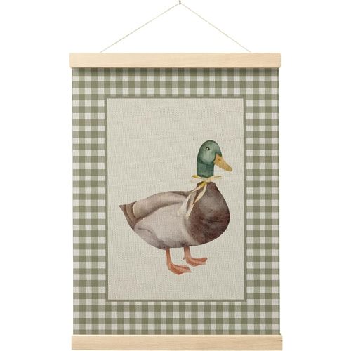 EKGJW Coquette Bow Mallard Duck Nursery Wall Art Poster, Duck Nursery Decor, Retro Farm Animal Sage Green Plaid Wall Decor Canvas Prints for Kids Girls Room, 12x16 Inch