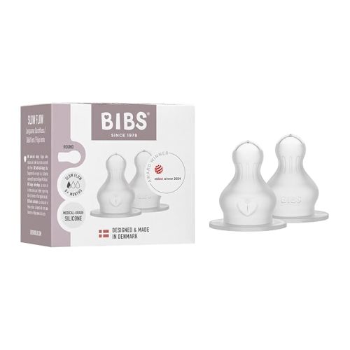 BIBS Bottle Nipple 2-Pack. Anti-Colic. Extra Nipples for BIBS Baby Bottles. Round Nipple. - Silicone, Slow Flow