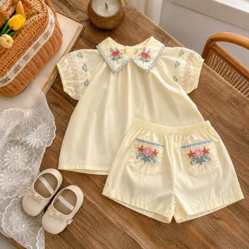 Baby Girl Floral Embroidered Cotton Summer Outfit, Cream Cottagecore Toddler Clothes