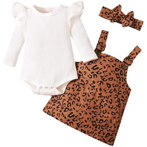 Newborn Baby Girls Clothes Ruffle Sleeve Solid Ribbed Romper Top Leopard Corduroy Suspender Skirt Overalls Dress Outfits