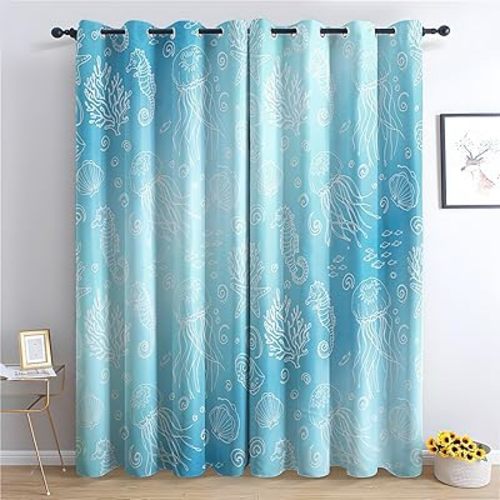 Seahorse Jellyfish Patterned Blackout Curtains for Bedroom, Living Room Decor, Room Darkening Thermal Insulated Grommet Drapes, Ocean Under The Sea Curtains 54 Inch Length 2 Panels Set