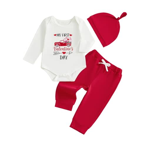 Kuriozud Baby My First Valentine's Outfits Long Sleeve Romper Bodysuit Top Pants Hat 3 Piece Clothes Set