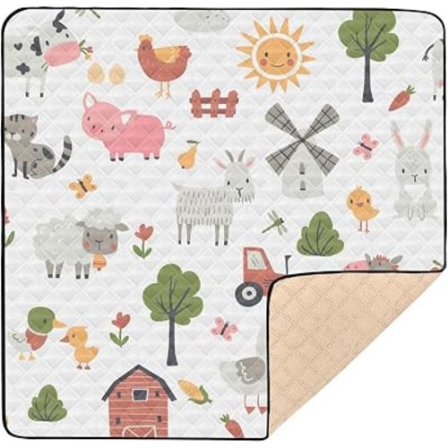 Baby Play Mat Cartoon Farm Animals 50 x 50 Playpen Mats for Floor Play Gym Crawling Mat Non-Slip Cushioned Baby Playmat for Infants, Babies, Toddlers