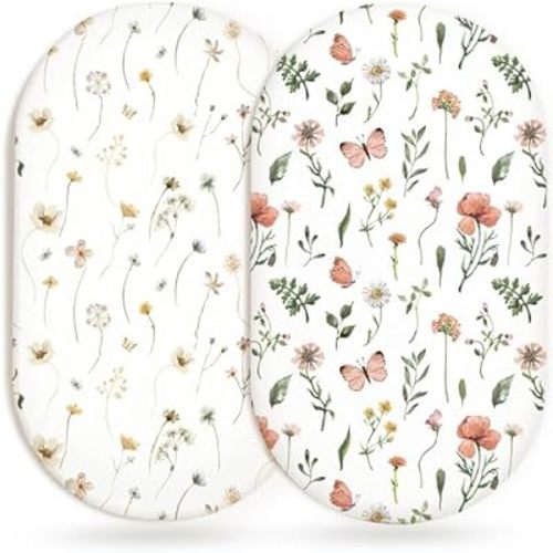 Bassinet Sheets for Baby Girls Boys 2 Pack, Fitted Baby Mattress Sheet for Rectangle, Oval, Hourglass Bassinet Mattress, Breathable Cozy & Universal Fit (Butterfly Garden)