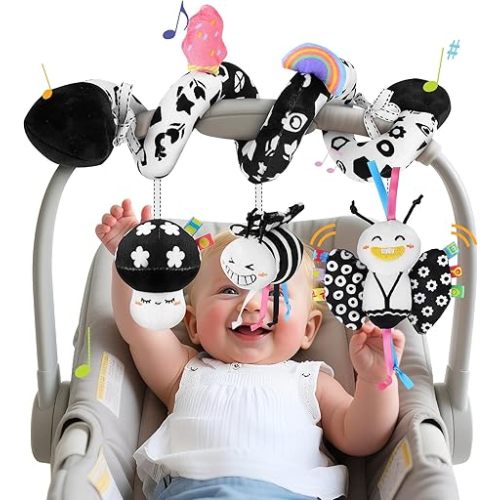 Spiral Car Seat Toys for Babies, 0-6 Months Stroller Pram Activity Hanging Toys High Contrast Black and White Sensory Toy, Newborn Soft Plush Travel Toy for Newborn Boys Girls Gift