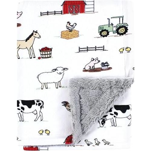 Hudson Baby Unisex Baby Plush Blanket with Furry Binding and Back, Farm, One Size