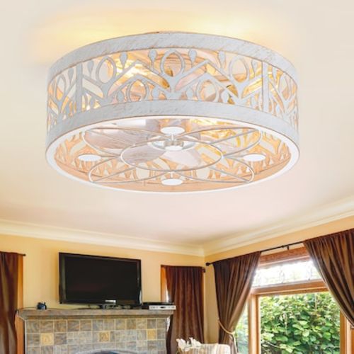 Breezary 17-in Distressed White and Gold with White Blades LED Indoor/Outdoor Flush Mount Cage Ceiling Fan with Light and Remote (7-Blade) 35008-WG at Lowes.com