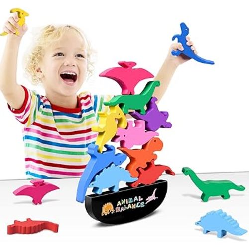 FFTROC Montessori Dinosaur Toys for 2 3 4 Year Old Boys - Wooden Stacking Dinosaur Toys for Kids 2-4 3-5, Toddler Balancing Block Sets