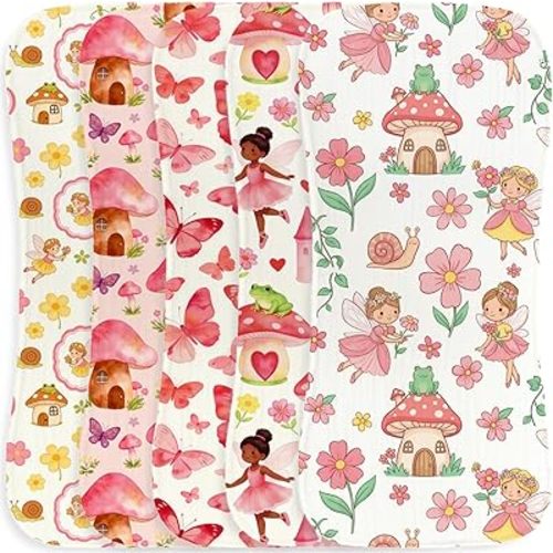 5pcs Fairy Burp Cloths for Baby Girls Parent,100% Cotton Sweet Fairy Tale Princess Muslin Baby Burping Cloths,Magical Garden Woodland Butterfly Fairy Newborn Essentials Set