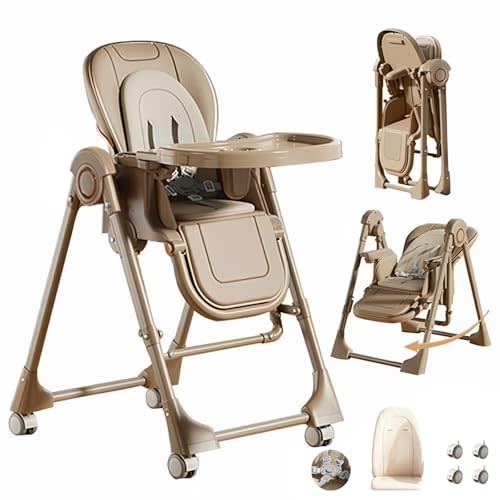 Nine point nine PU Leather High Chair with Swinging Function, Baby High Chair for Babies and Toddlers, Removable Double Tray Baby Seat Feeding Chairs (X8121 Khaki)
