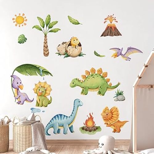 Watercolor Baby Dinosaur Wall Decals, Cute Dino Volcano Wall Stickers Tropical Leaf Palm Tree Peel and Stick Wall Decal Self Adhesive Wall Art Sticker for Baby Nursery Kids Room Home Decor