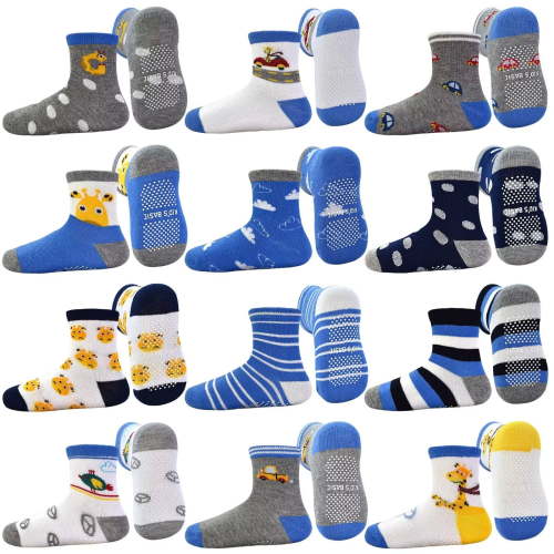 Toddler Grip Socks 12 Pairs Non Slip Baby Socks Cute Crew Anti Skid Socks for 0-7 Years Baby Boys Kids (03 Giraffe,6-12 Months)