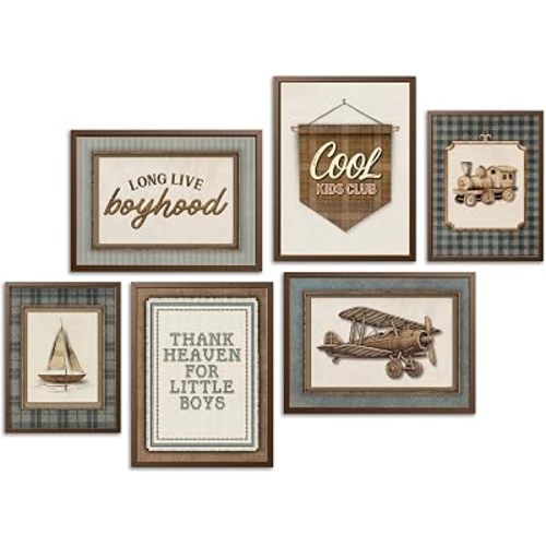 Gschupy Set of 6 Vintage Boyhood Nursery Wall Art Prints, Cool Kids Club Thank Heaven for Little Boys Posters, Retro Train Airplane Sailboat Wall Decor for Boys Room Playroom (Unframed, 8x10 Inches)