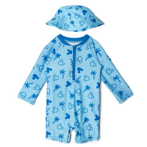 Disney Mickey Mouse Baby Boys' Allover Print Raglan Zip Front Rash Guard and Bucket Hat Bathing Suit Set Light Blue 6-9 Months