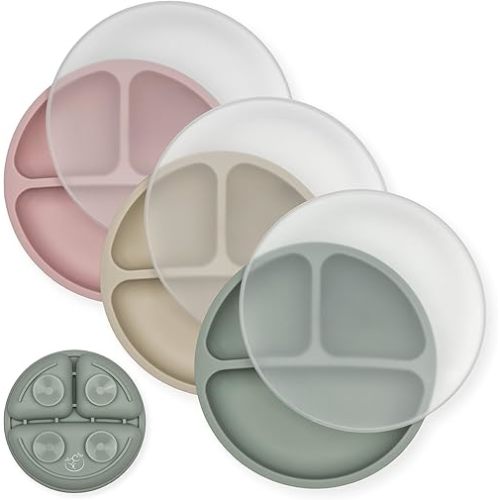 Hippypotamus Toddler Plates with Suction - 100% Food-Grade Silicone Baby Plates with Lids - Microwave & Dishwasher Safe - BPA Free - Set of 3 (Sage/Blush/Nude with LIDS)