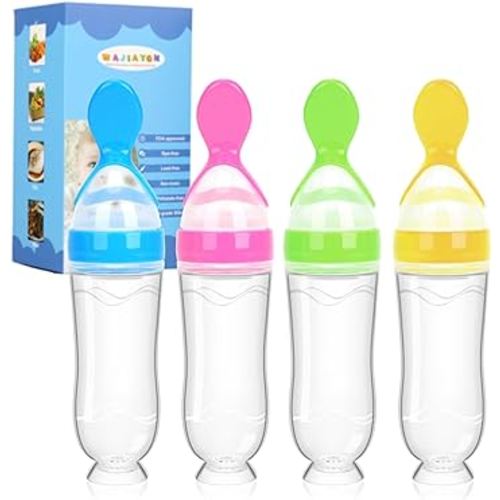 Baby Food Feeder 4 Pack Silicone Baby Food Dispensing Spoon-WAJIAYON, 3 oz Squeeze Feeding Spoons with Suction Cup for Boys Girl Kids Toddlers - Self Feeding Bottle Spoon