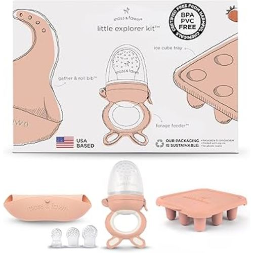 Moss and Fawn Little Explorer Kit - Silicone Frozen Breast Milk Popsicle Kit with Forage Feeder, Teething Popsicle Ice Cube Tray, & Gather & Roll Baby Feeding Bib - BPA, PVC, & Lead-Free - Bloom