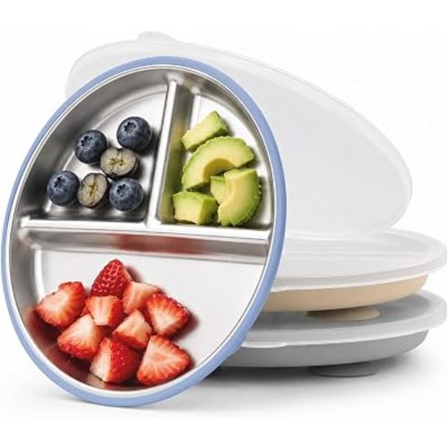 Stainless Steel Suction Plates with Lids for Toddlers & Babies, 9" Divided Kids Plates for 18M-5Y, Kid Growth Family Eating Essentials, 3-Pack