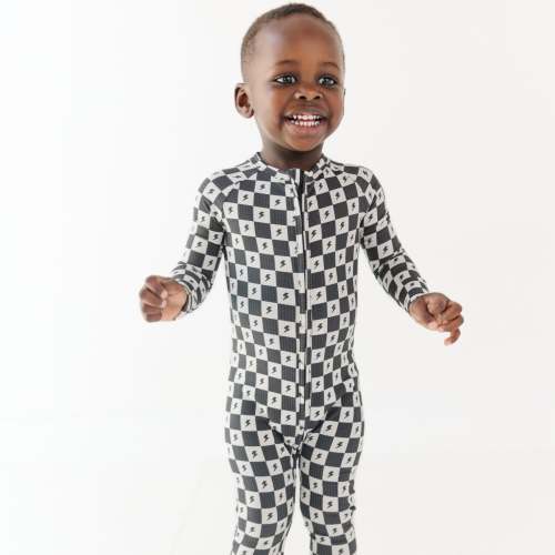 Checkered Lightning Bolt Small Ribbed Zip Romper