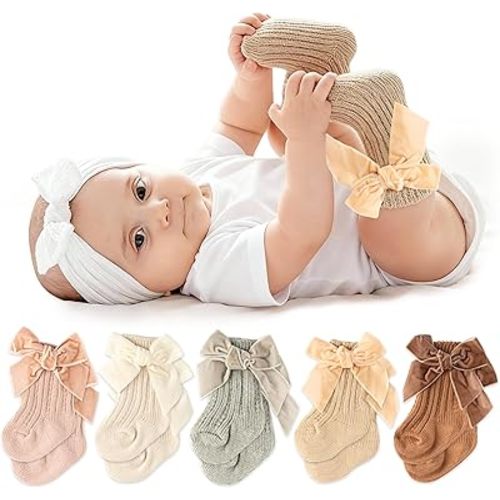 Newborn Preemie Girls Socks - 5 Pairs Baby Infant Ankle Stockings with Bow, Soft Cotton Knit Winter Warm Socks Gift for 0-3 0-6 6-12 Months Toddlers Birthday Baby Shower Christmas Holiday