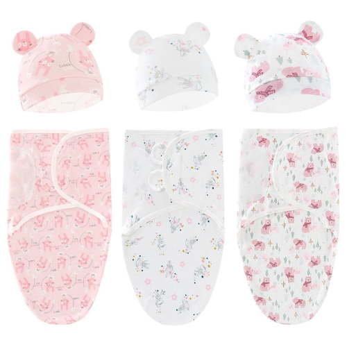 Baby Swaddle Sleep Sack with Hat, Soft Cotton Newborn Wearable Swaddle Wrap, for 0-3 months Girls Boys, 3-Pack