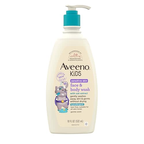 Aveeno Kids Sensitive Skin Face & Body Wash, Nourishing Oat Extract, Wash Away Dirt and Germs Without Drying, Kids Body Wash is Tear-Free, Hypoallergenic, Sulfate- & Dye-Free, 18 Fl Oz