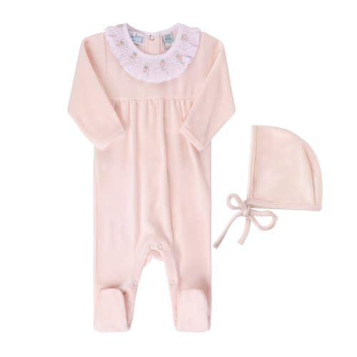 Baby Girl Velour Smocked Collar Romper with Bonnet