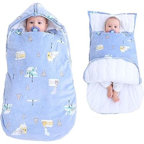 Baby Sleeping Bag for Cold Weather, Cozy Winter Infant Sleep Sack with Zipper for Stroller & Travel, Fleece Plush Newborn Swaddle Blanket (0-6 Months, Blue)